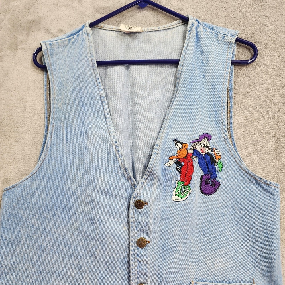 Vintage ACME Clothing Co Vest Mens L Blue Denim Bugs Bunny Daffy Duck Cartoon - Picture 2 of 14